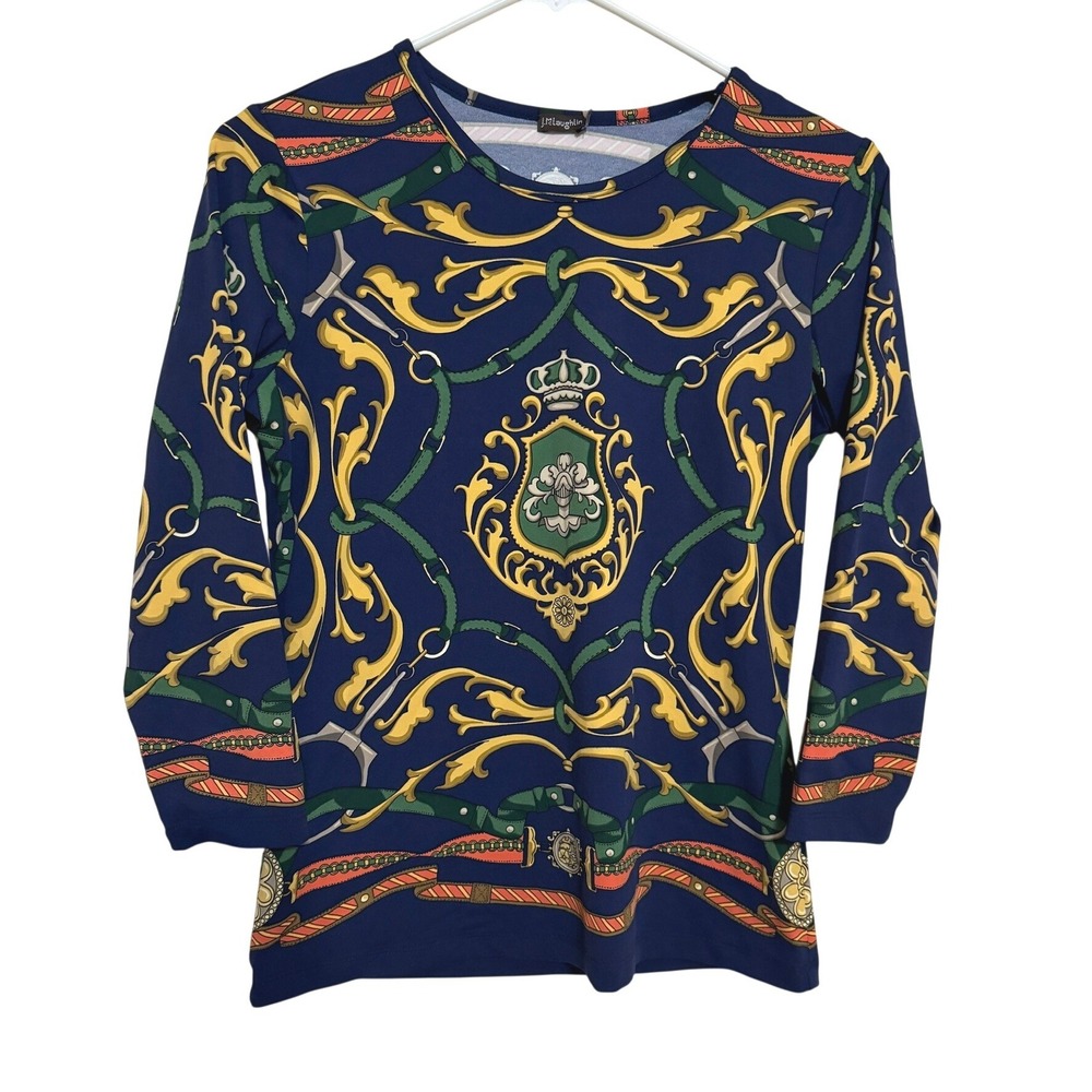 J McLaughlin Signature Long Sleeve Womens XS Blue Equestrian Full Graphic Blouse